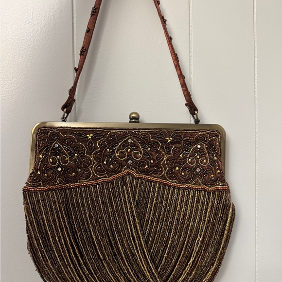 Y2K Bronze Beaded Fringe Clutch Purse Brown Formal Evening Bag Sequin Embroidery - Picture 3 of 7